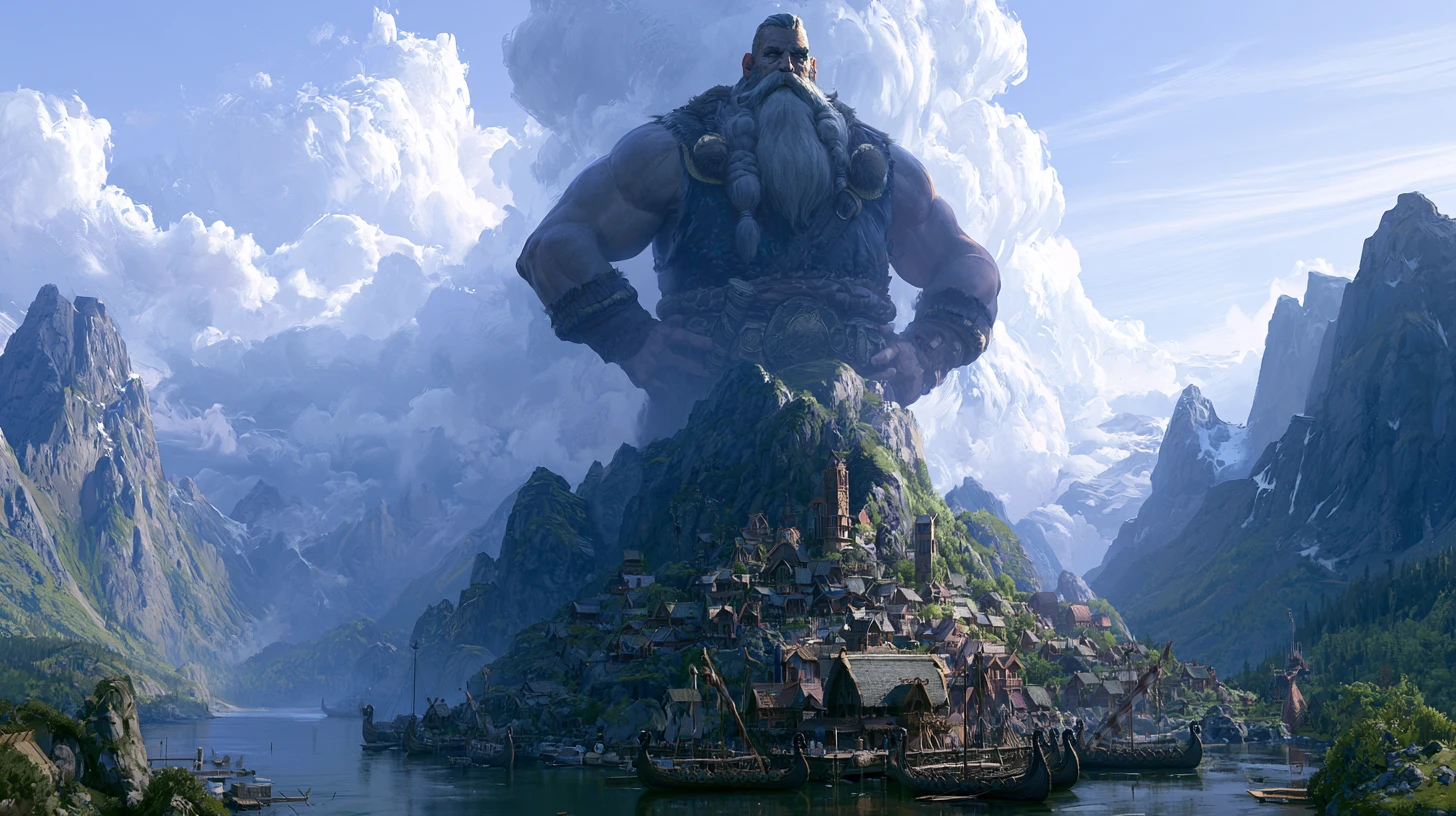 Colossal Odin Overlooking Mountain Top Viking Village