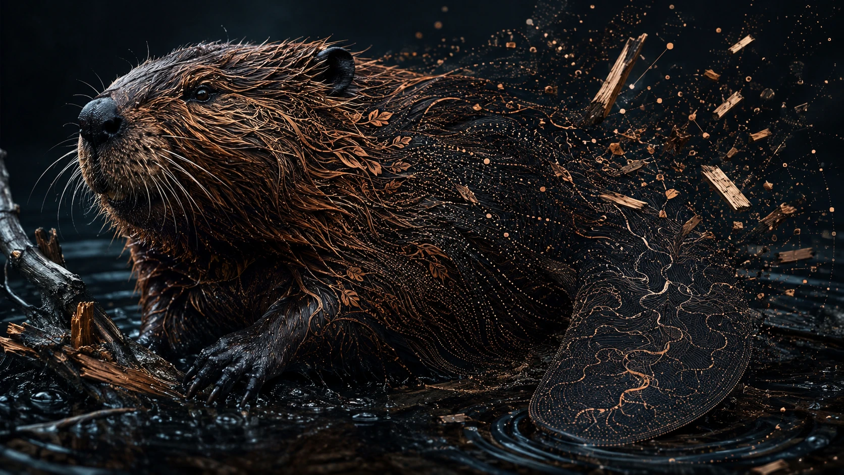 Portrait surréaliste d’un castor émergeant de données sombres comme de l’eau