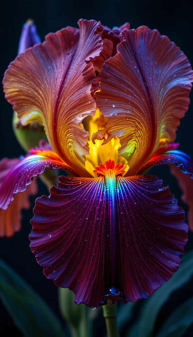 Macro close-up di un'iride nera con venature al neon