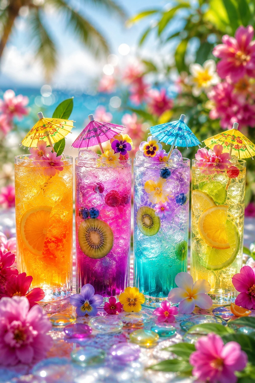 Coloridos y burbujeantes cócteles de frutas en una soleada playa tropical
