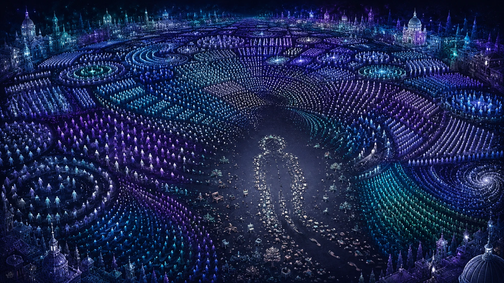 Campo surreal de siluetas humanas luminosas en patrones de datos