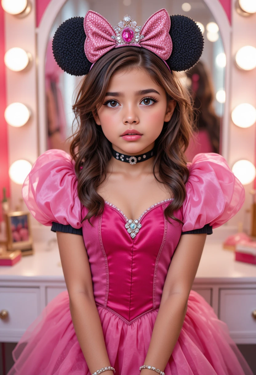 Menino usando fantasia de princesa em uma penteadeira