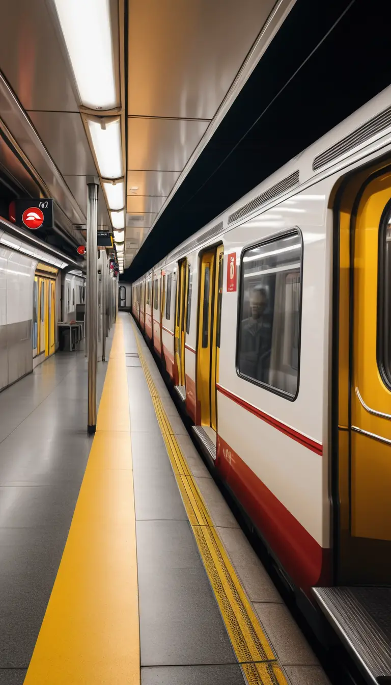 Modern subway train at underground platform with open doors