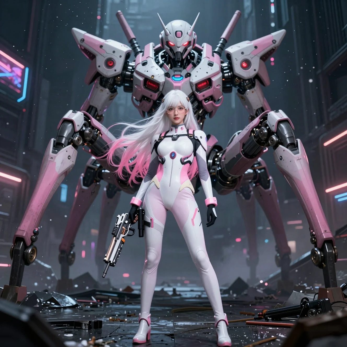 Mulher futurista armada em armadura branca diante de robô
