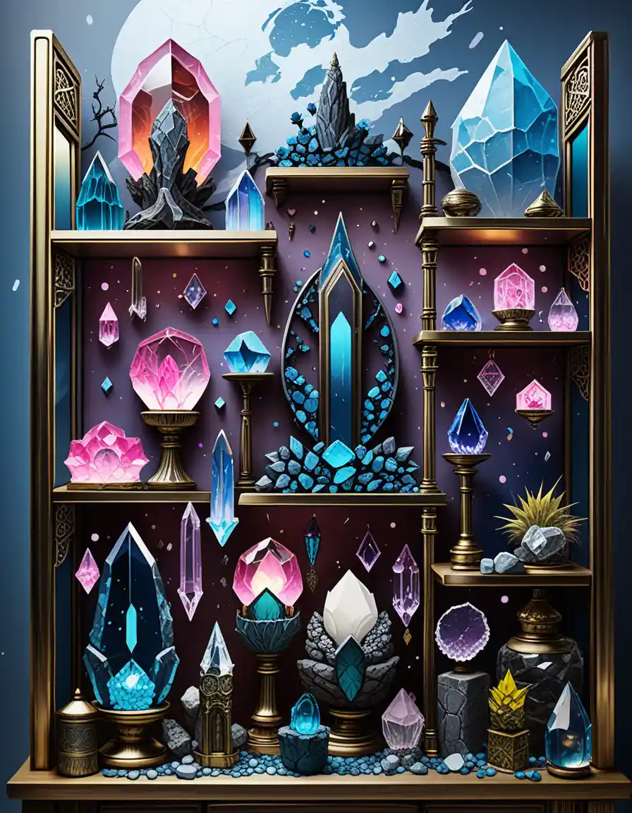 Concept di esposizione di reliquia di cristallo con bagliore neon rosa e blu