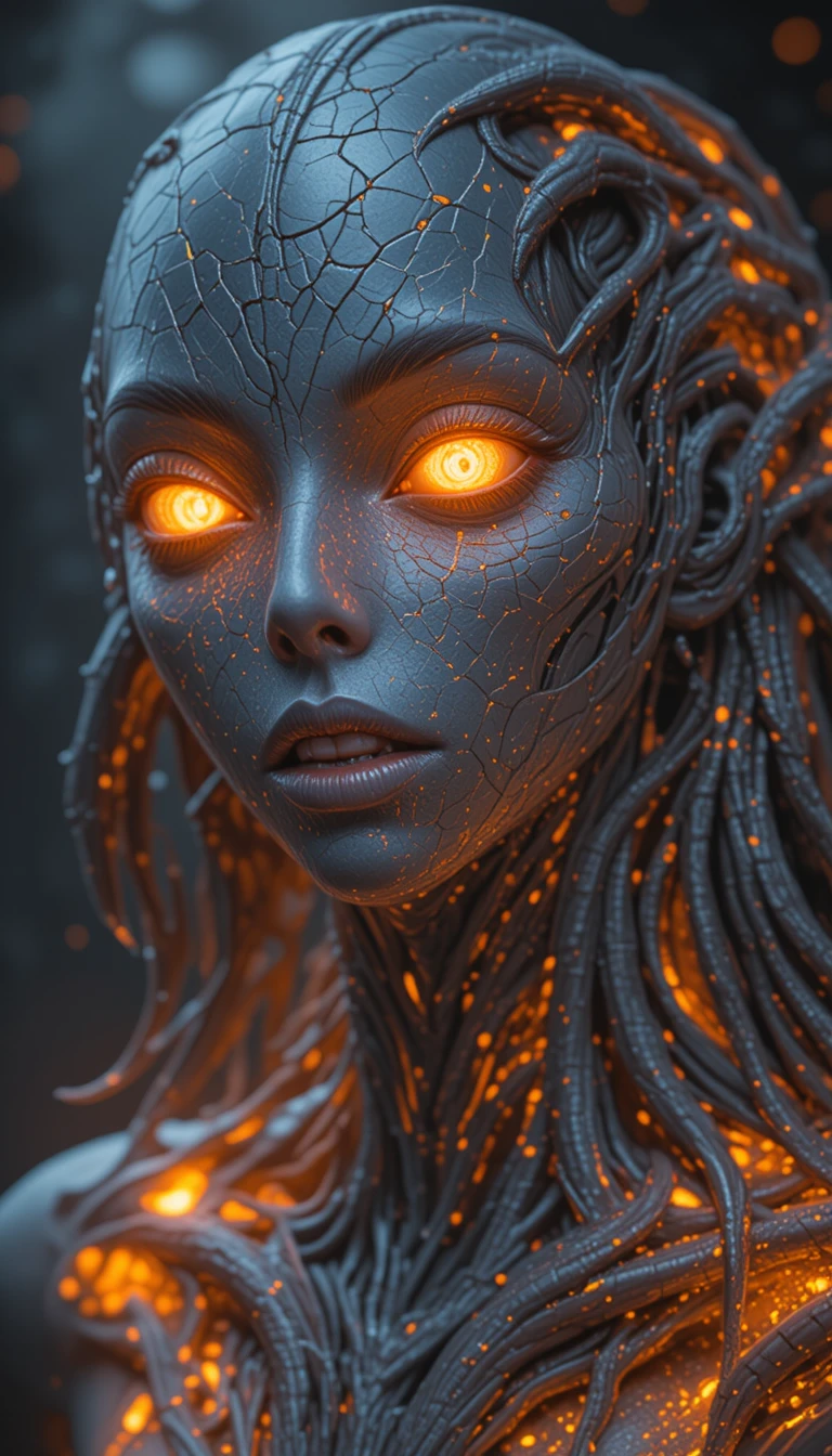 Retrato de alienígena feminina com cabeça biomecânica de lava brilhante