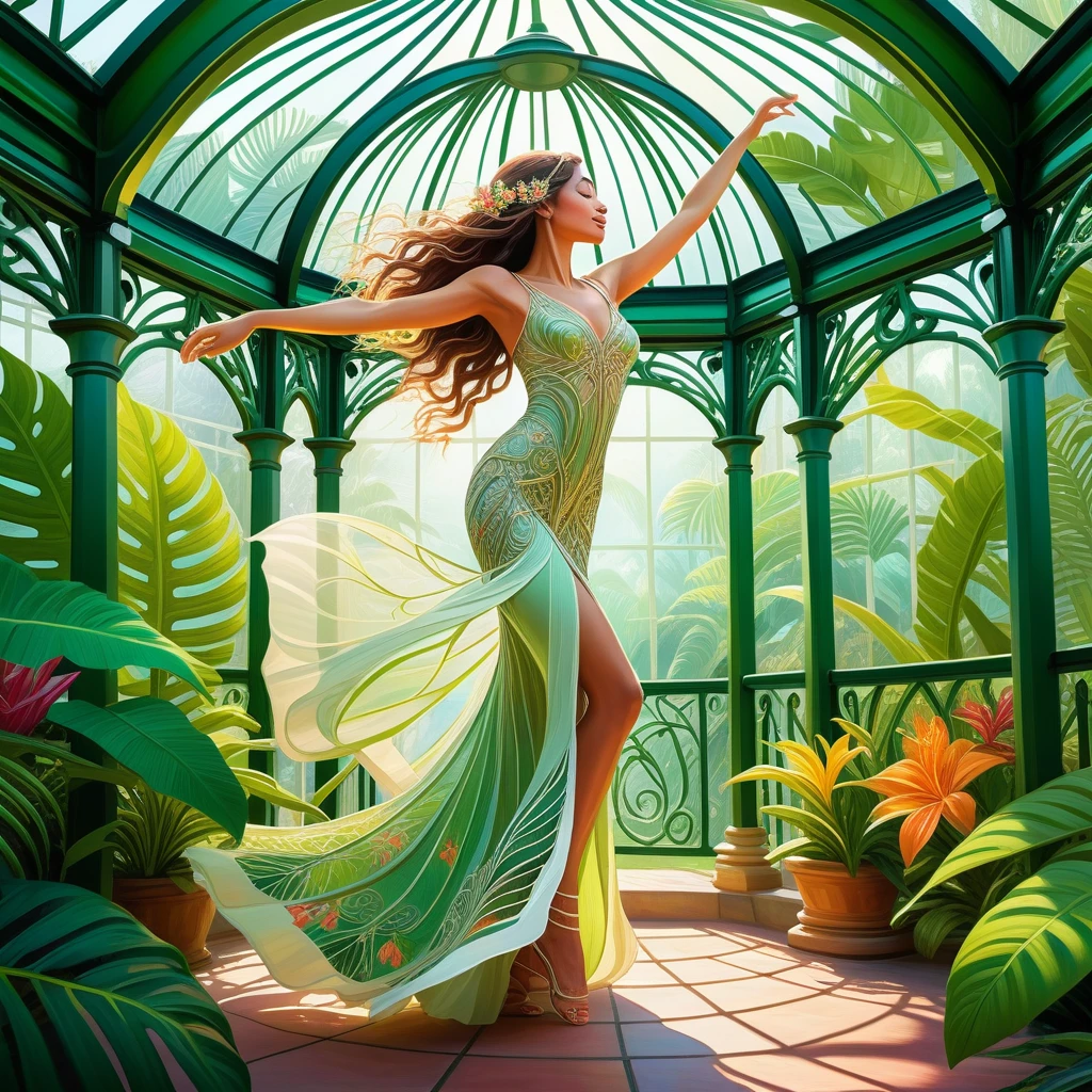 Woman dancing in an art nouveau gazebo conservatory