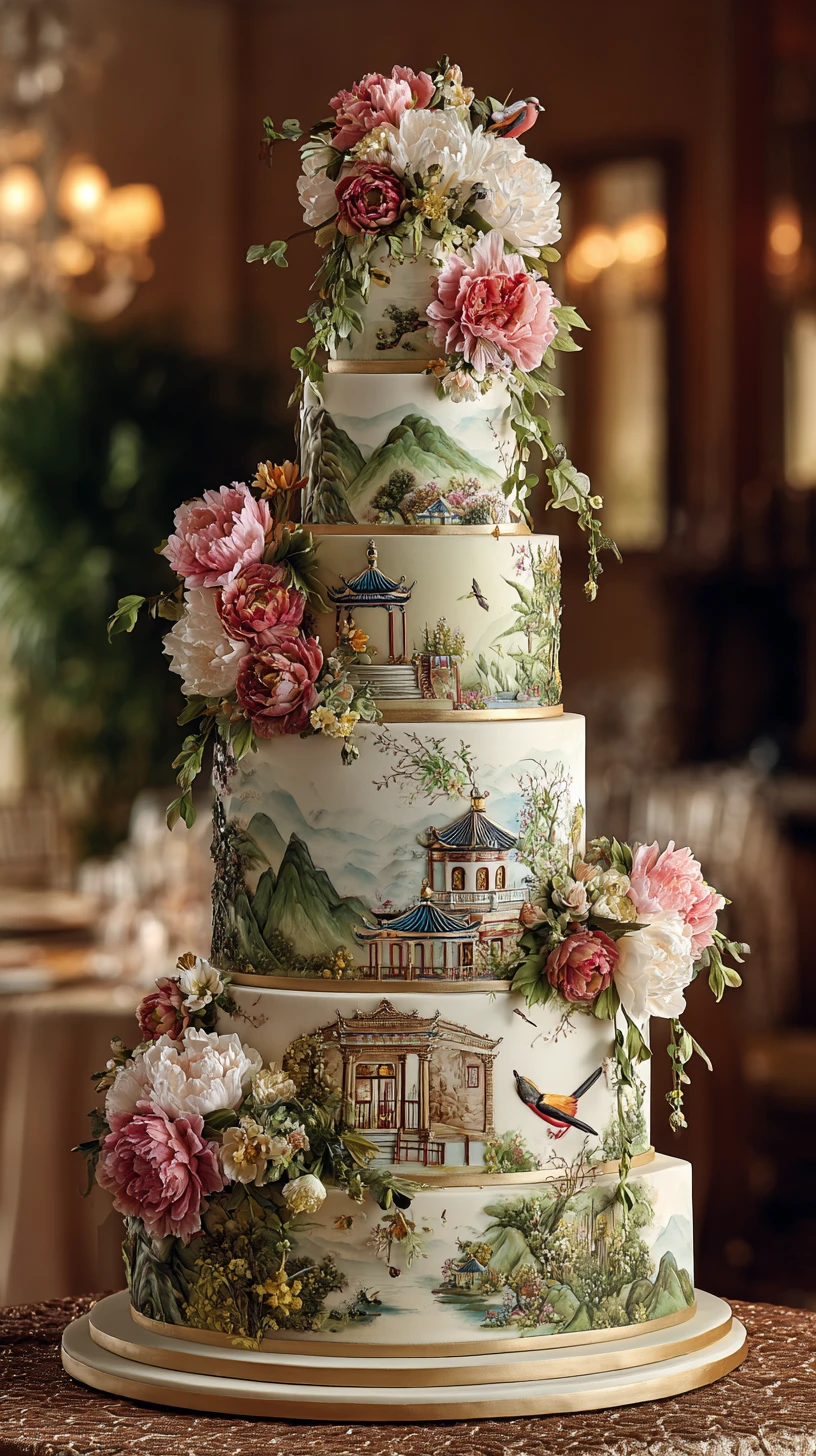 Multi tier wedding cake with chinoiserie art and sugar flowers