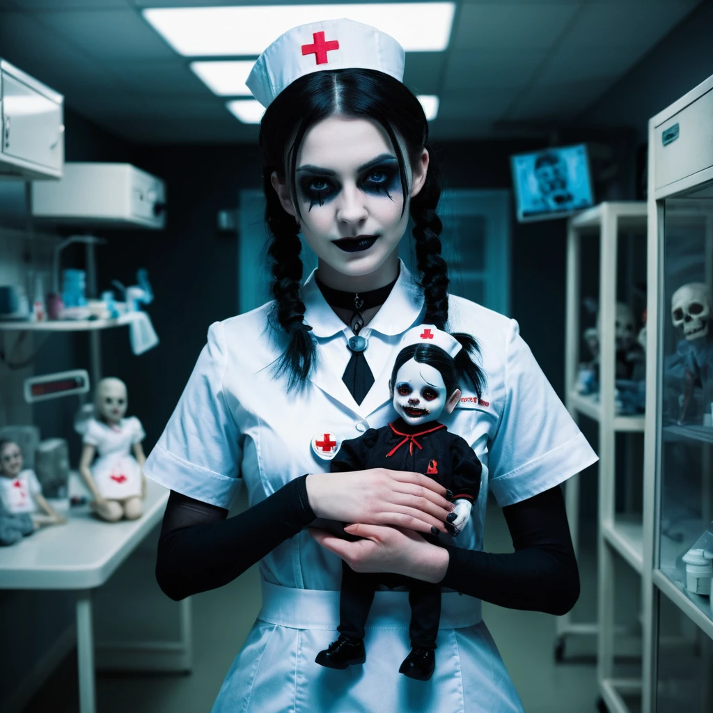 Goth nurse in neon lit er room holding patient puppet