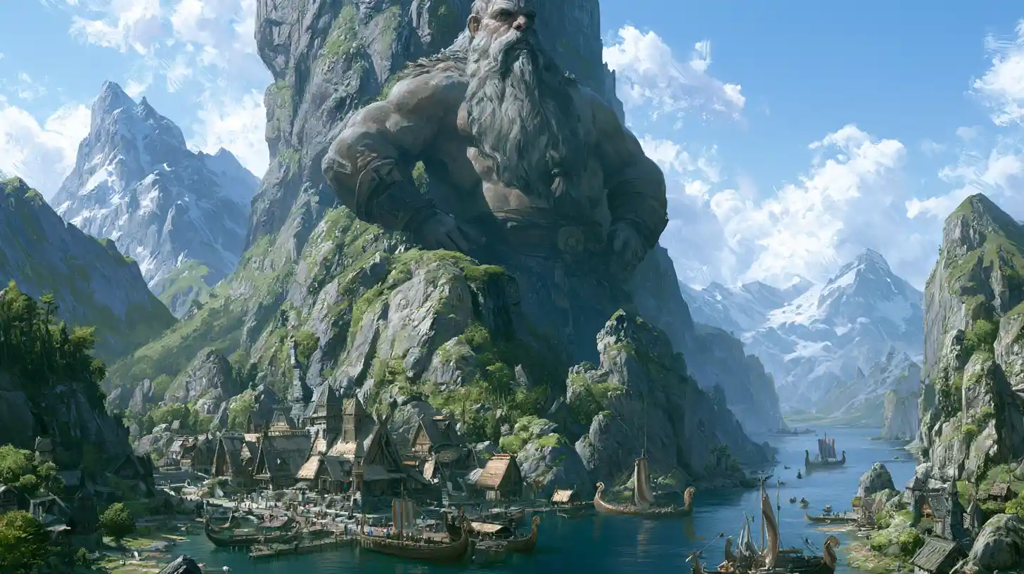 Odin Colossal Surplombant un Village Viking de Montagne