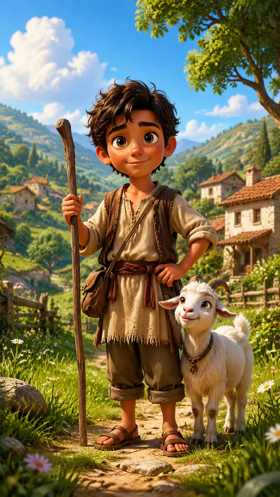 Young shepherd with white goat in a sunny village field