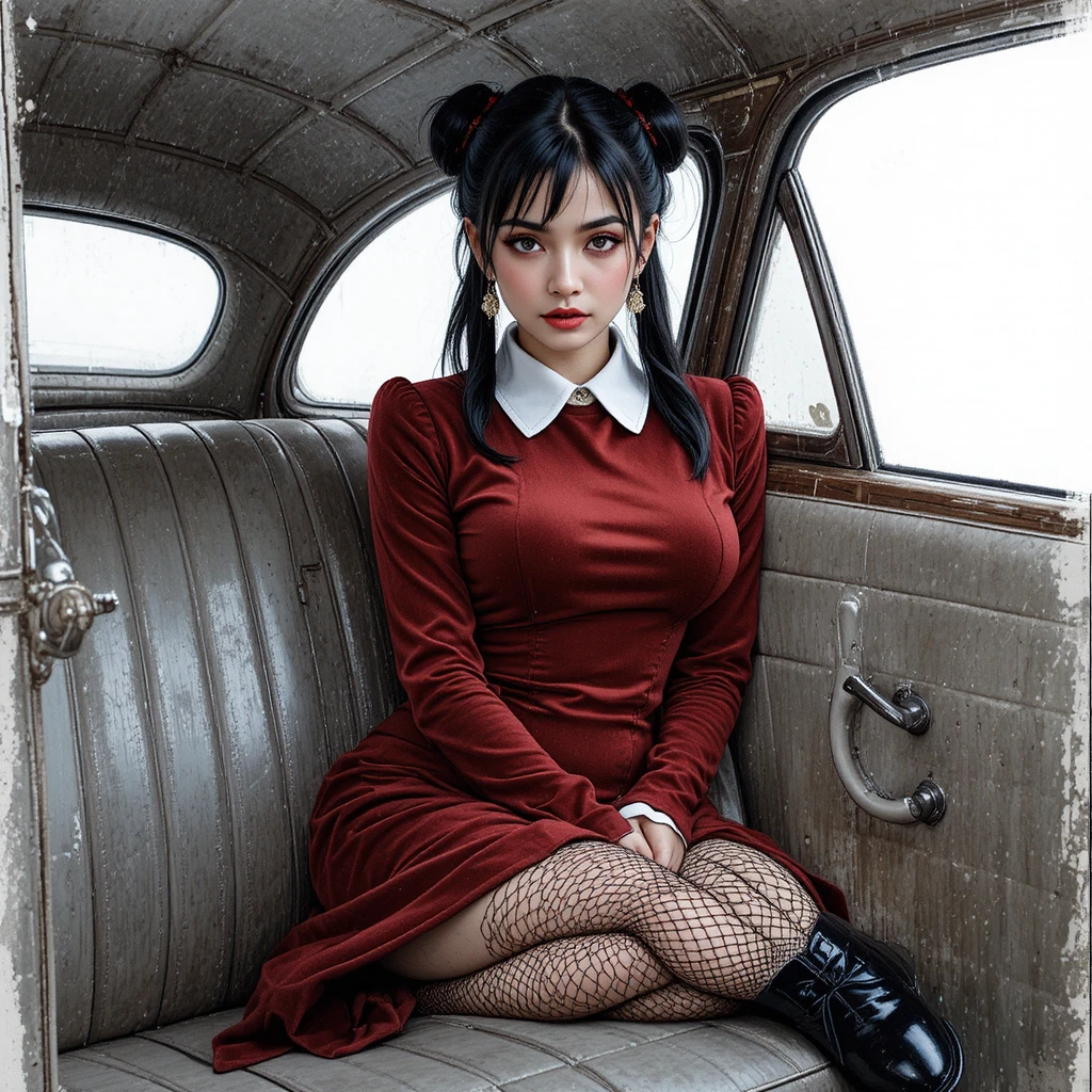 身穿紅色洋裝的年輕女孩坐在復古汽車車內