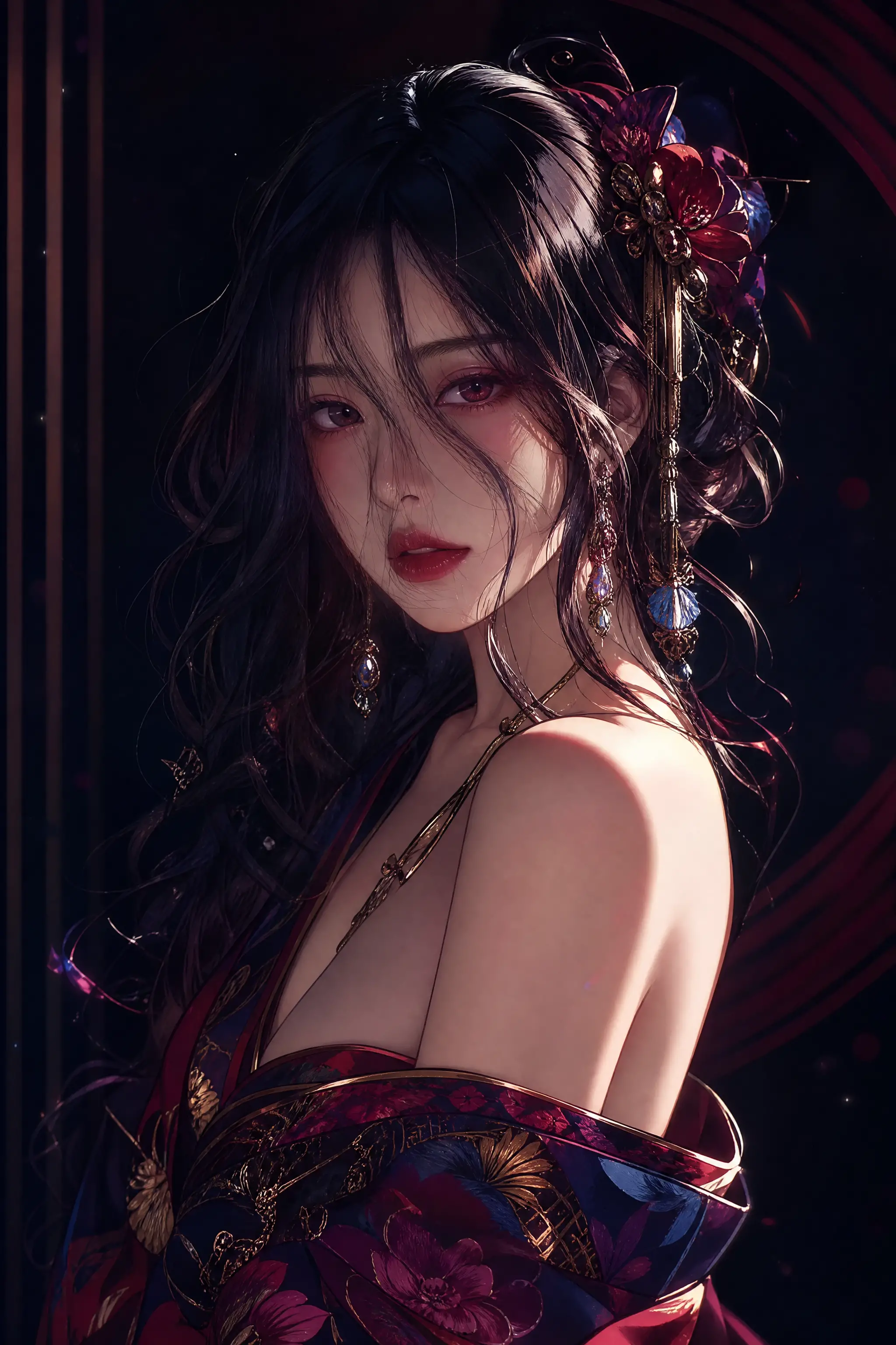 Glamorous woman in ceremonial outfit with bold cel shading