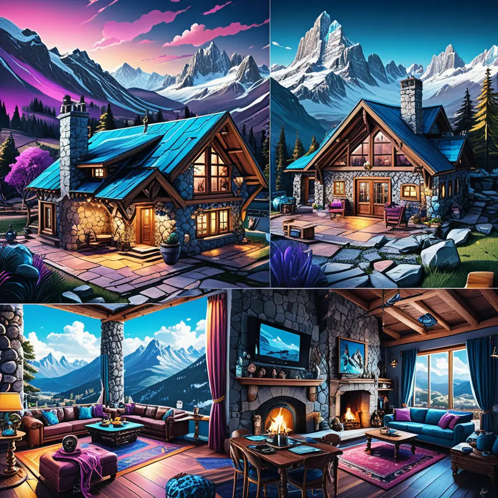 Luxury rustic mountain cabin in isometric fantasy style