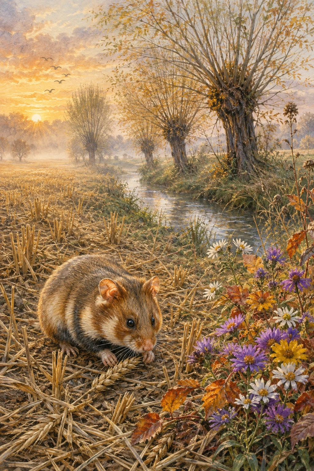 Hamster dans un champ d’automne brumeux – illustration à l’aquarelle