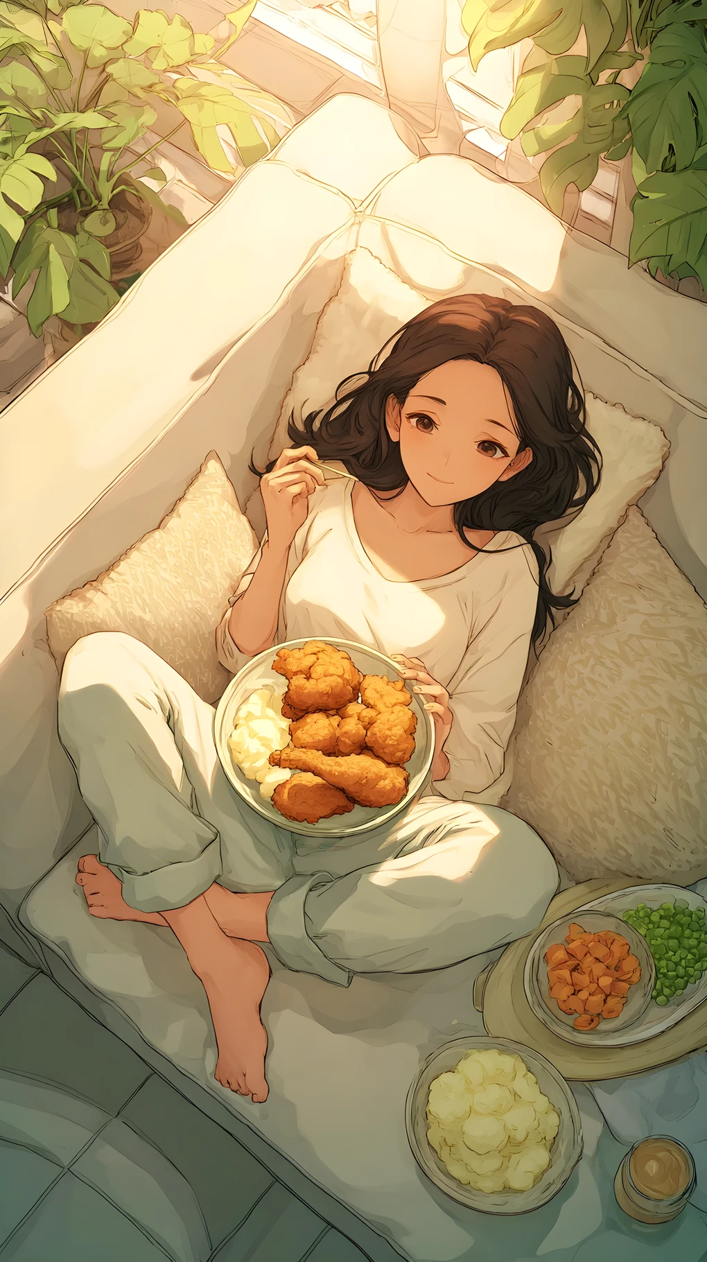 소파에 편히 누워 치킨 식사를 즐기는 여성