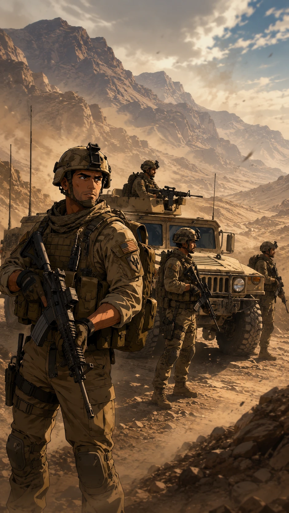Soldados armados guardando um humvee empoeirado em estrada no deserto