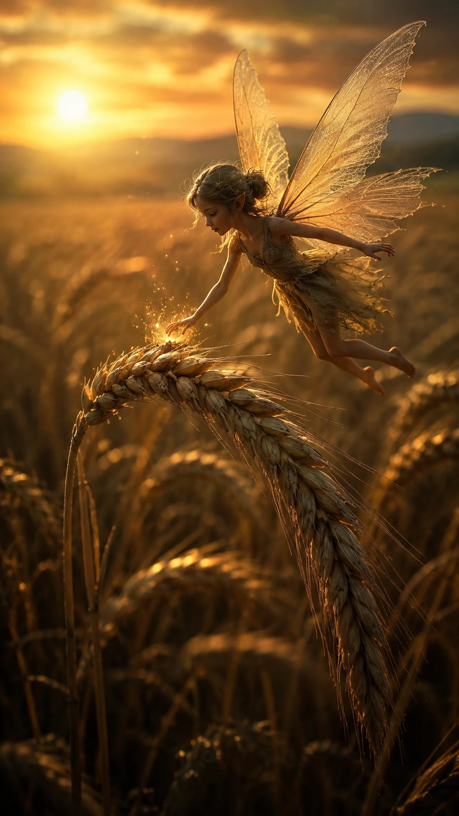 Fairy Hovering Above Golden Wheat At Sunset