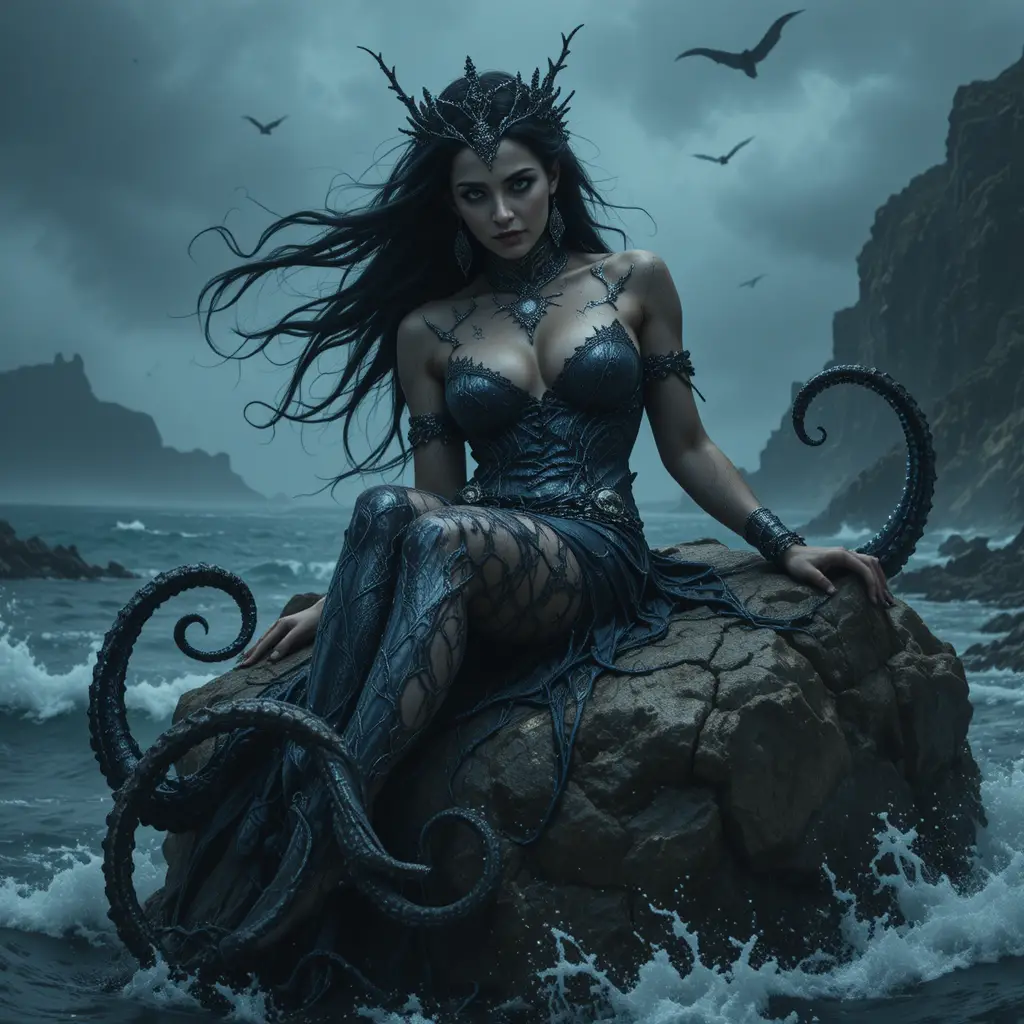 暴風岩石上的黑暗海之女王與章魚觸手