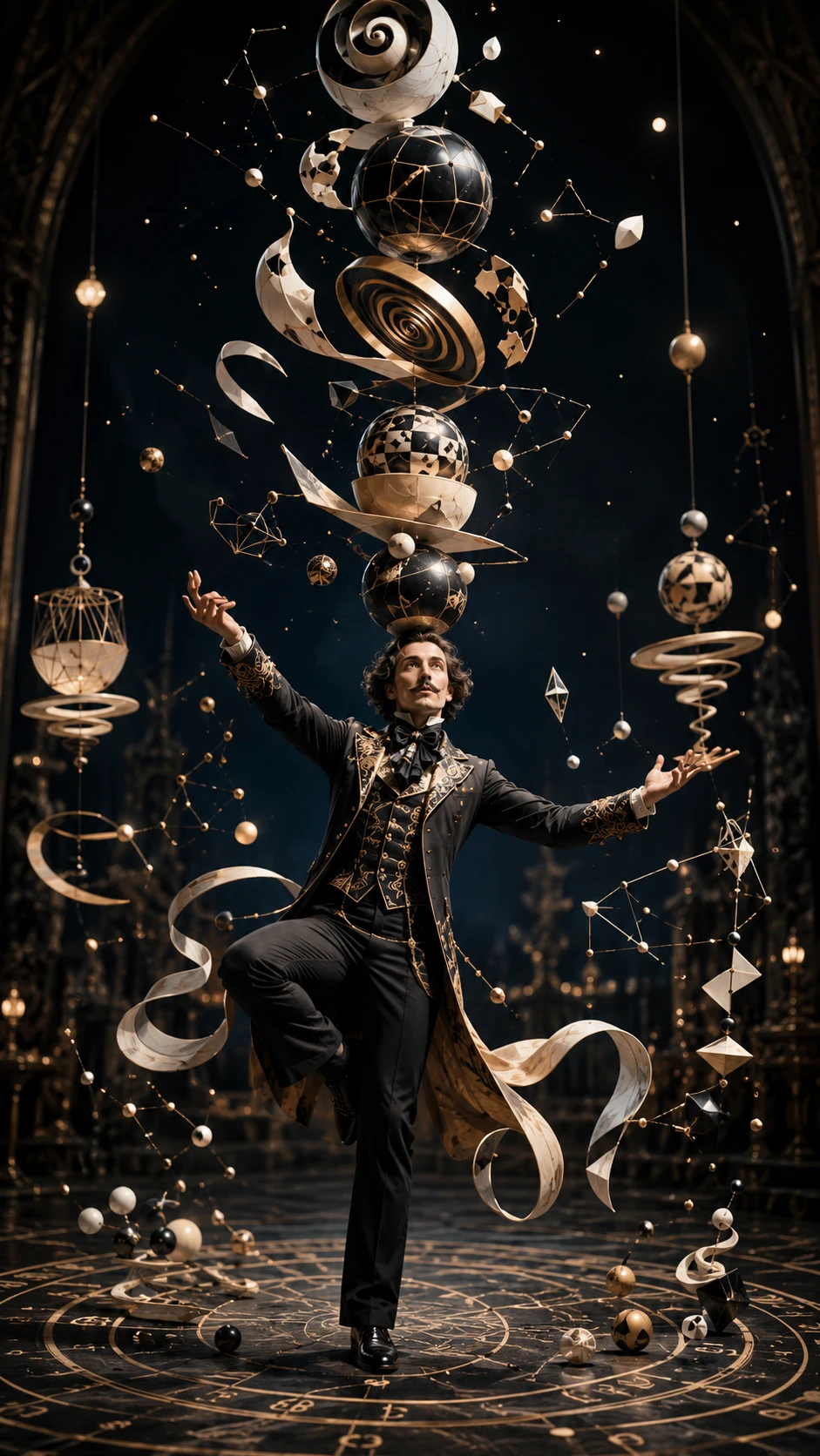 Performer surreale in equilibrio tra sfere a spirale astratte e nastri