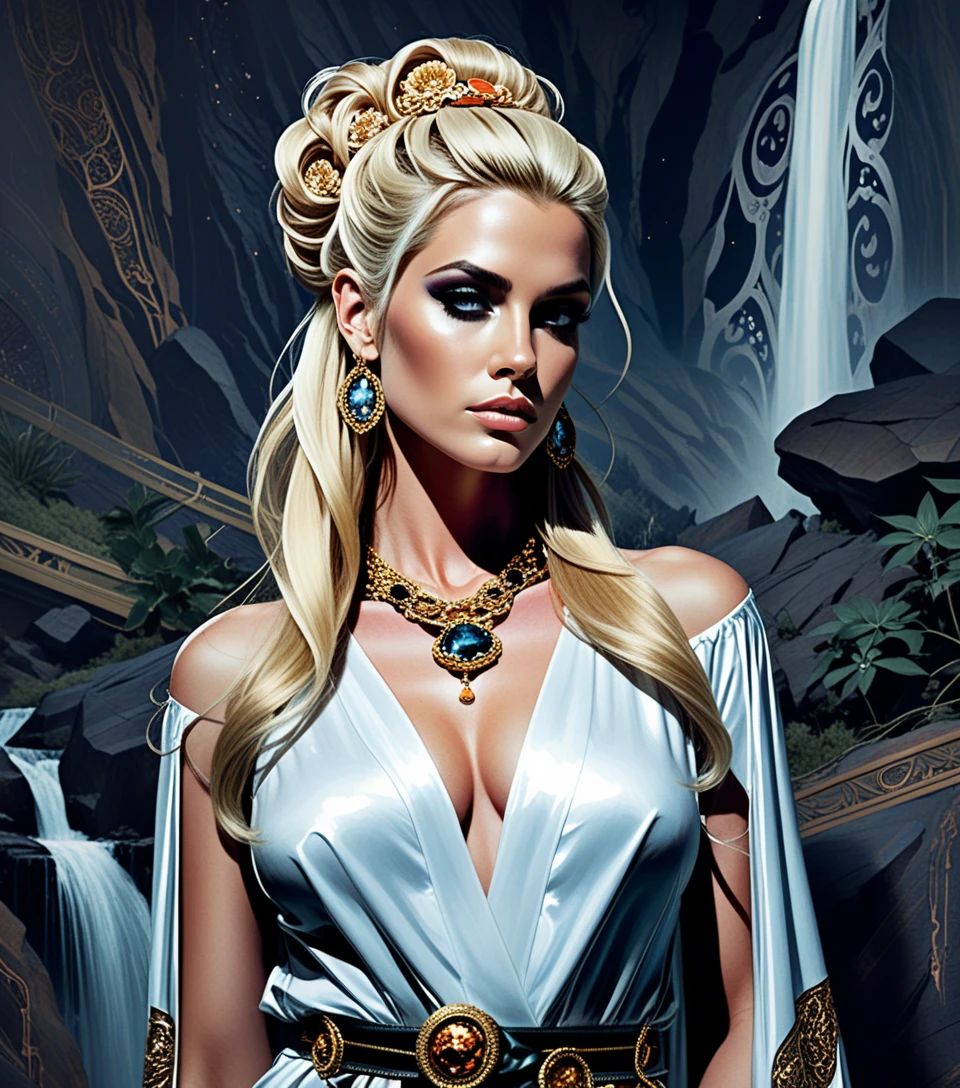 Blonde woman in celestial robe standing in ornate solarium