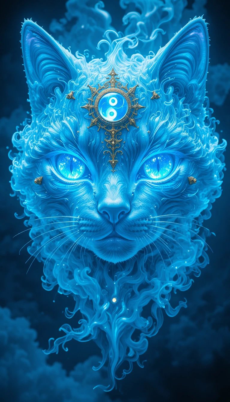 Tête spectrale d’esprit de chat bleu aux yeux cyan lumineux