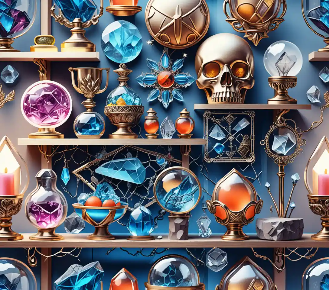 Relique de cristal ornée avec line art sorcier néon