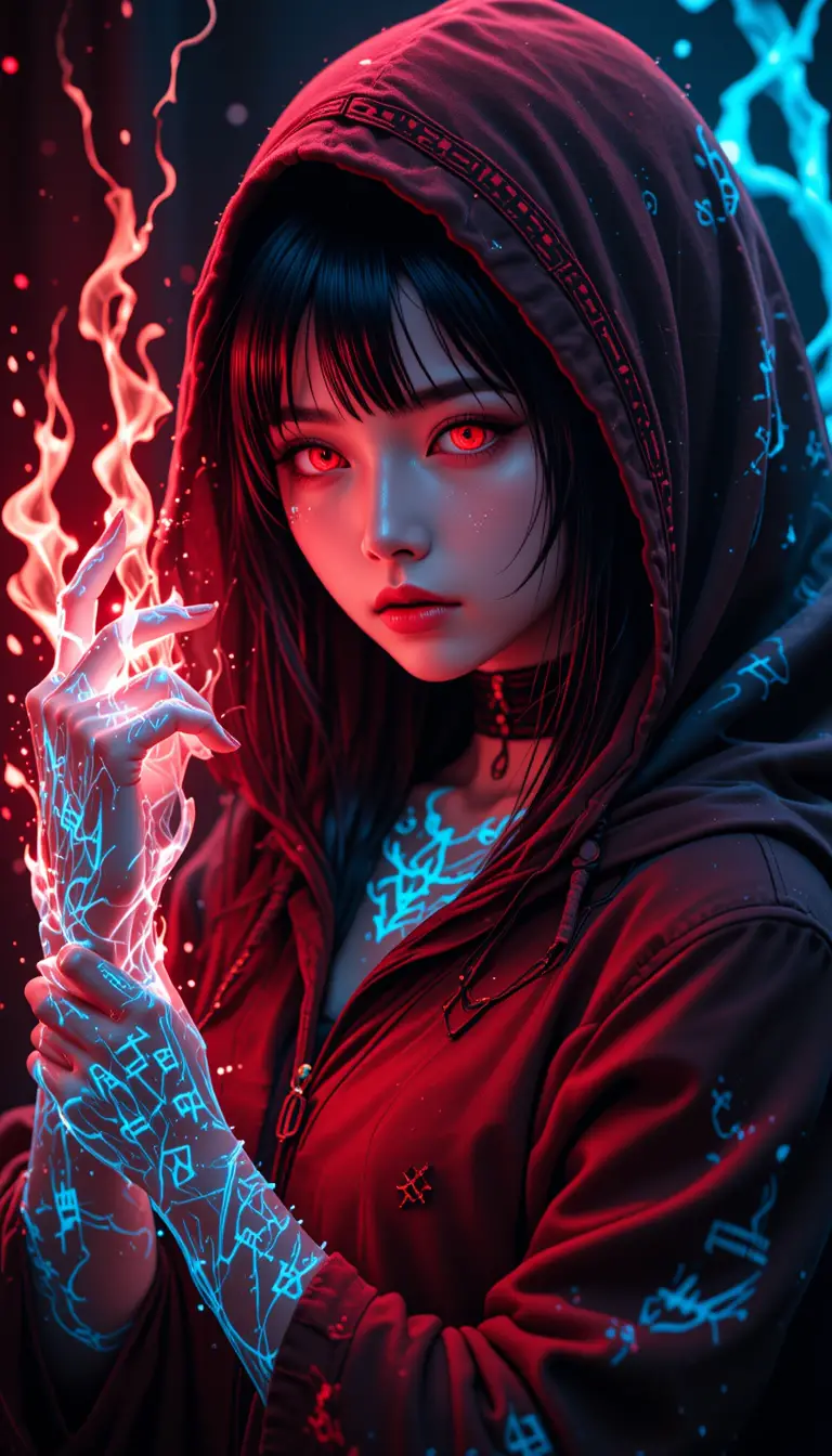 Dark anime sorceress with glowing runes and flames