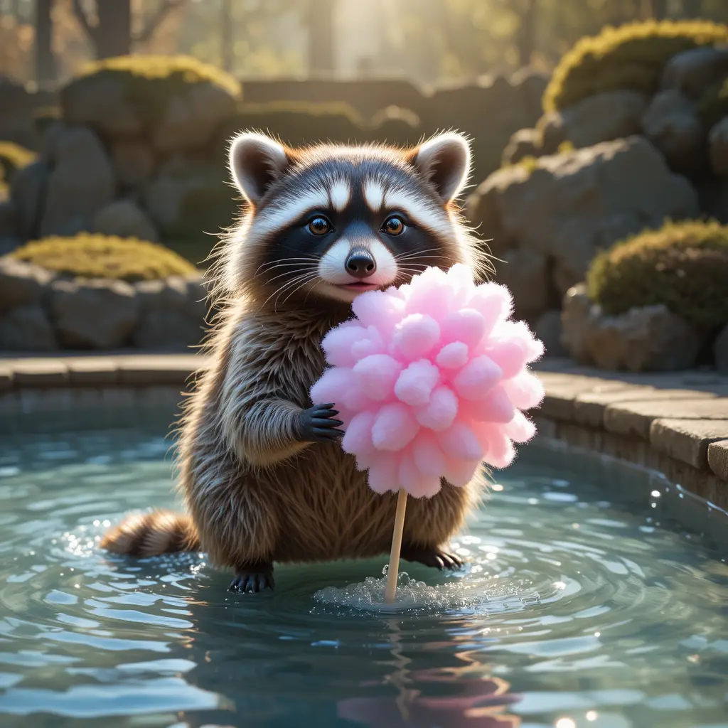 Waschbär wäscht Zuckerwatte an sonnigem Zoo-Becken