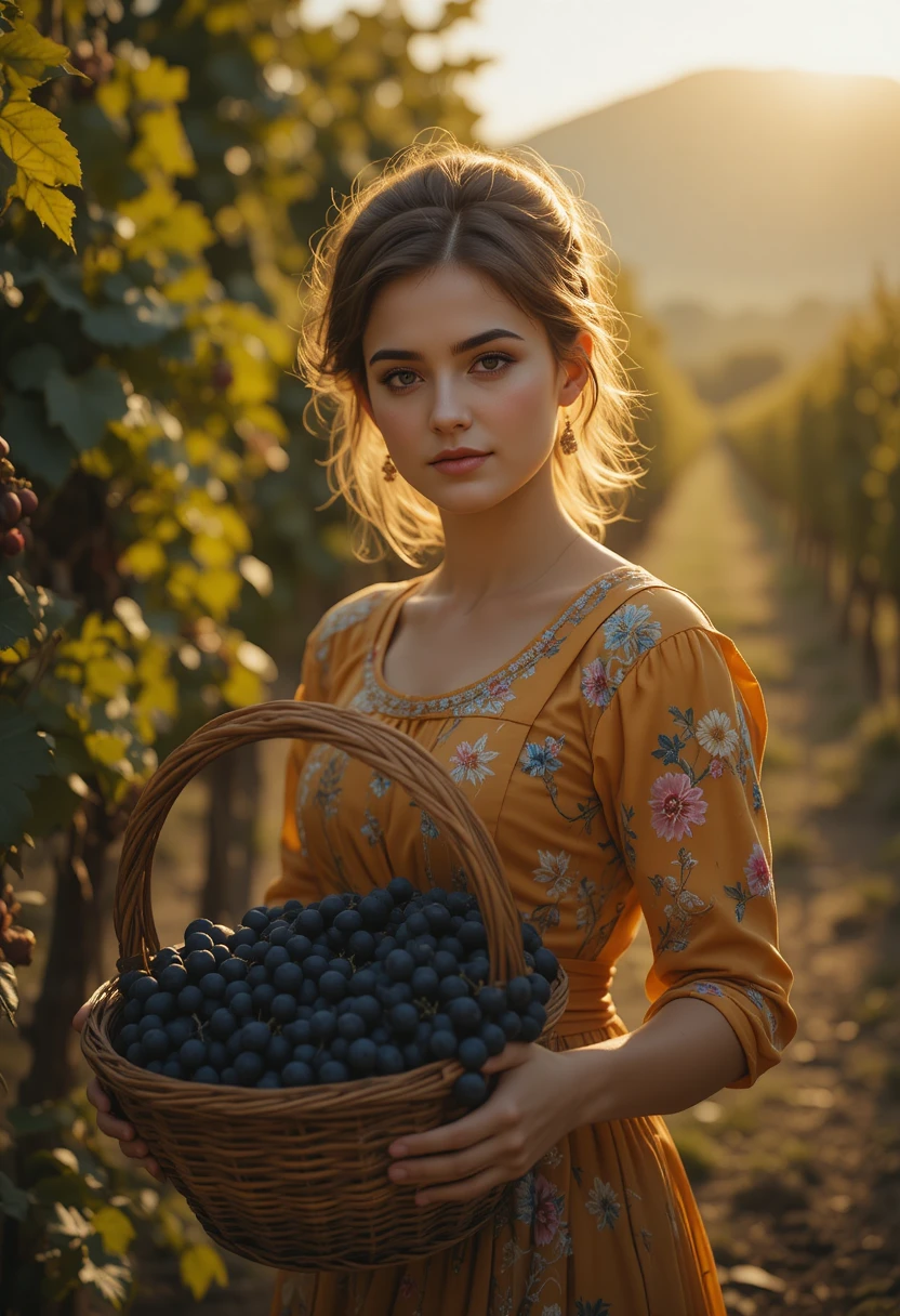 Mulher italiana colhendo uvas em um vinhedo banhado pelo sol