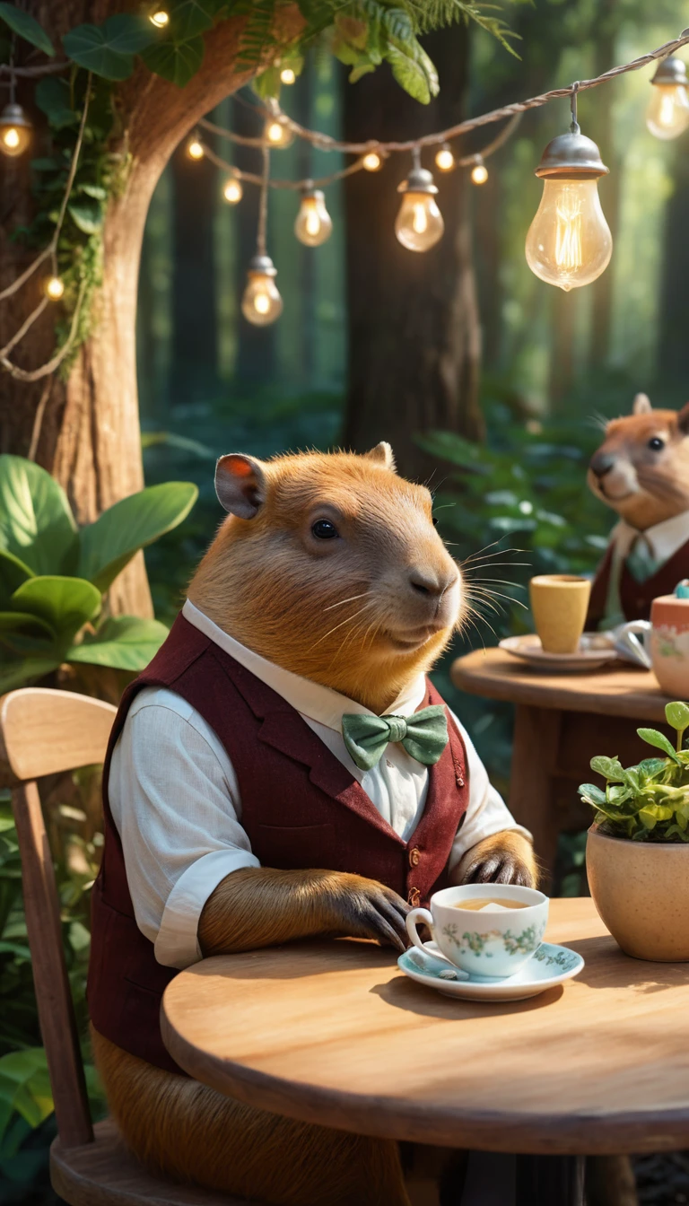 Capivara fantasiosa tomando chá em um café na floresta