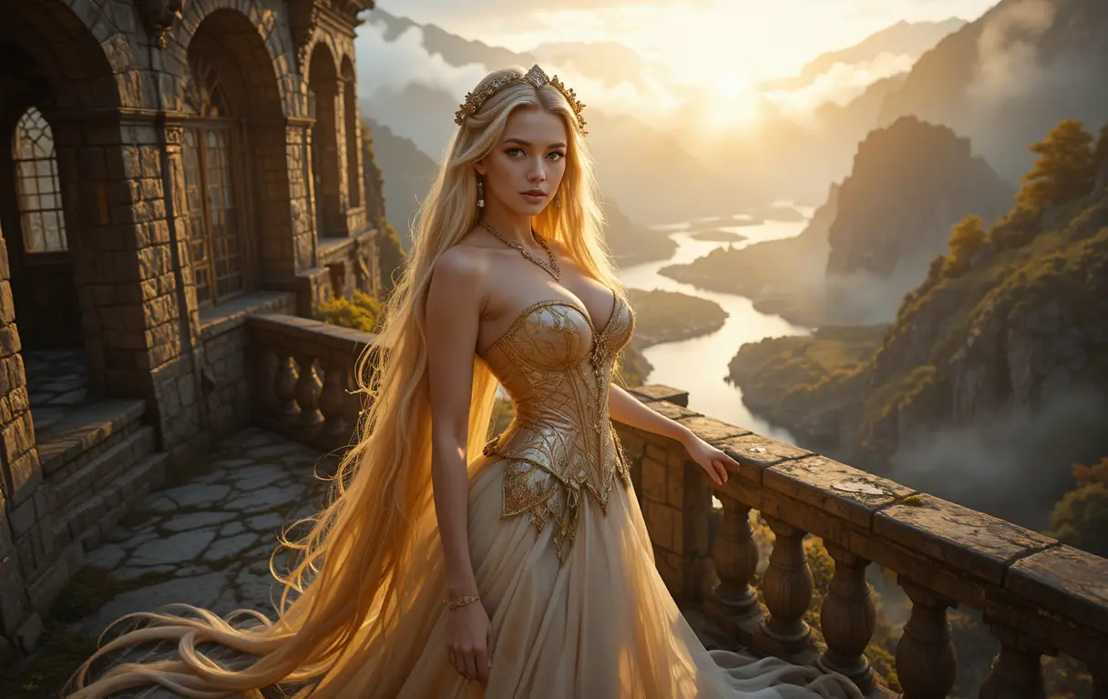 Princesa de cabelos dourados na varanda de um castelo ao pôr do sol