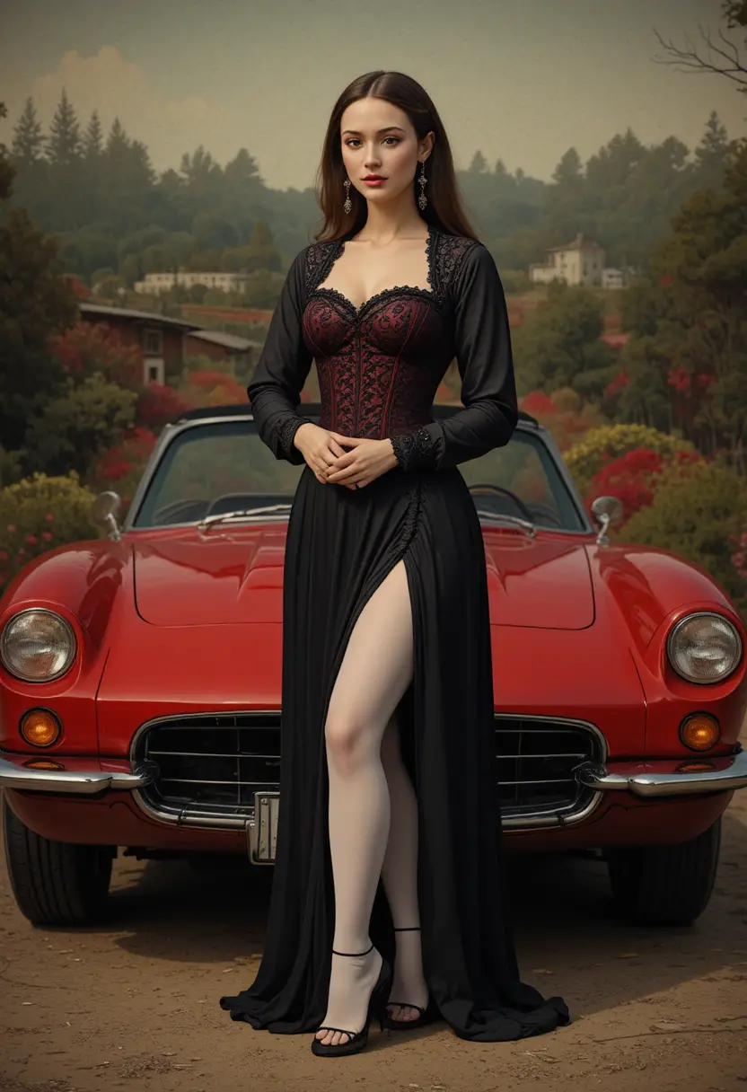 Fashion woman posing by a red sports car in stockings