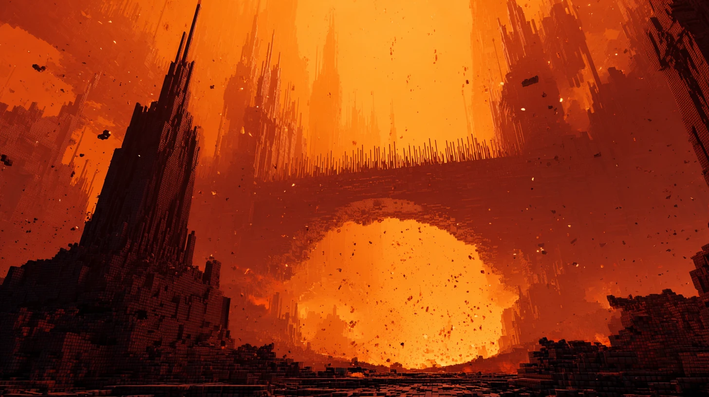 Burning futuristic metropolis under a collapsing red sky