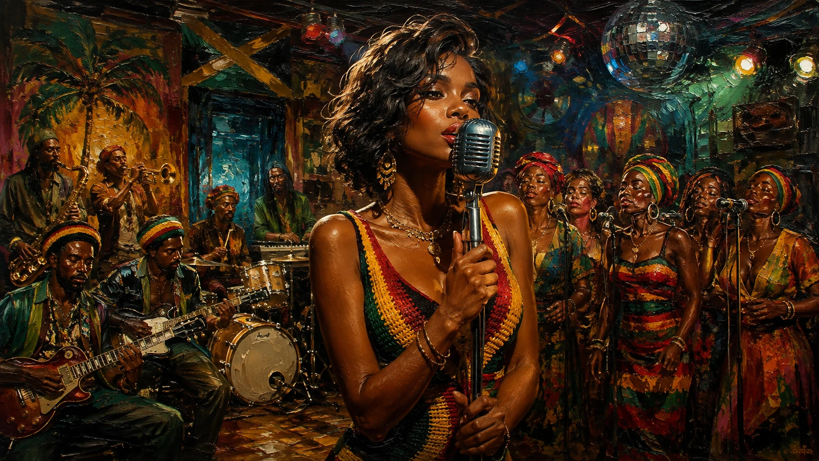 Cantante reggae bruna che si esibisce in una colorata dance hall
