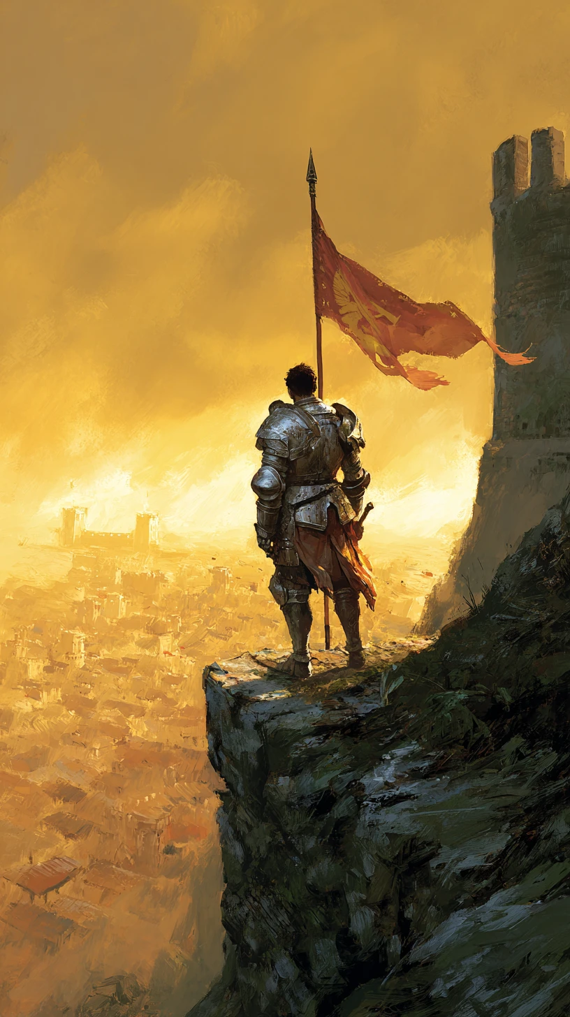 Solemn paladin holding a burning flag on ruined fortress walls