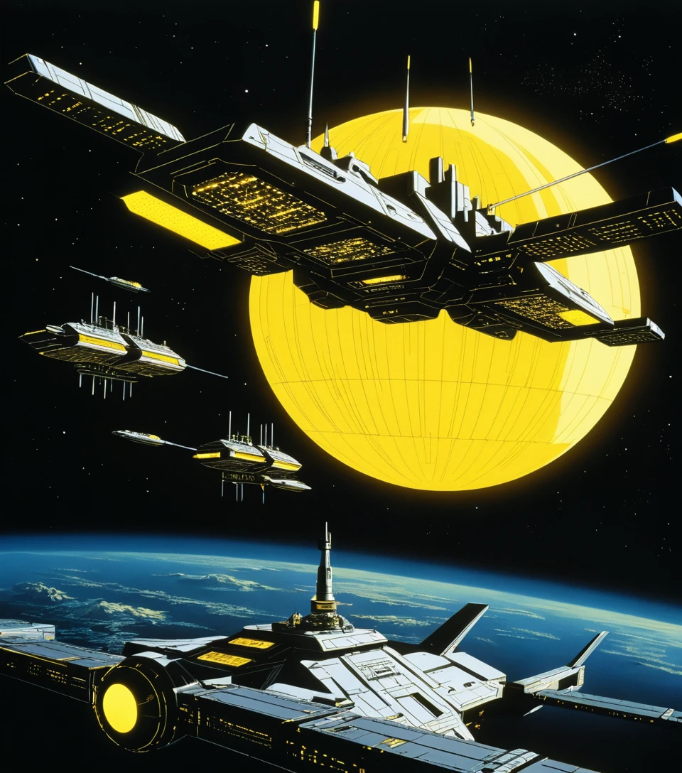 Futuristic space station orbiting a yellow stormy planet