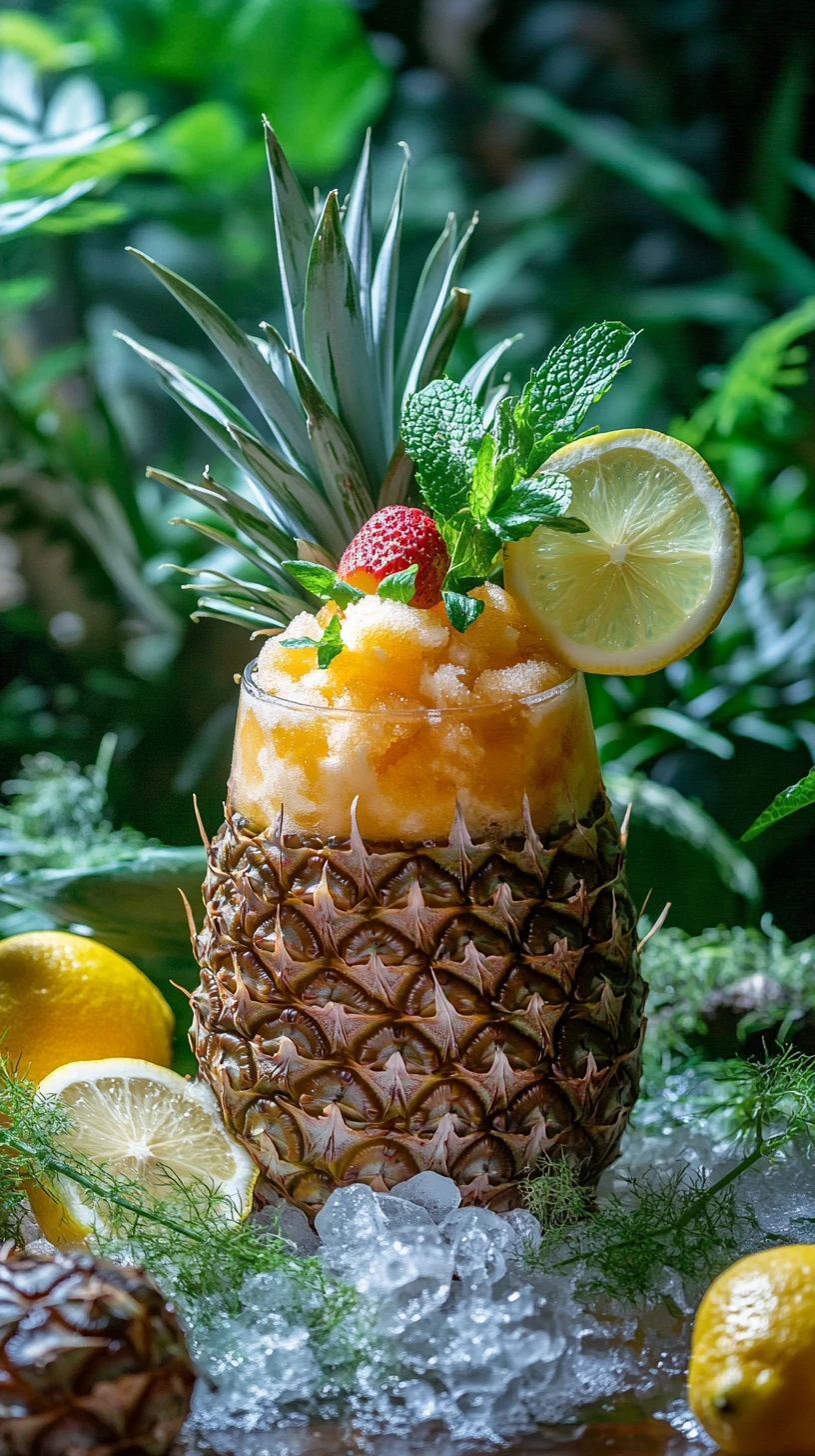 Glace aux fruits dans un ananas avec soda en décor forestier