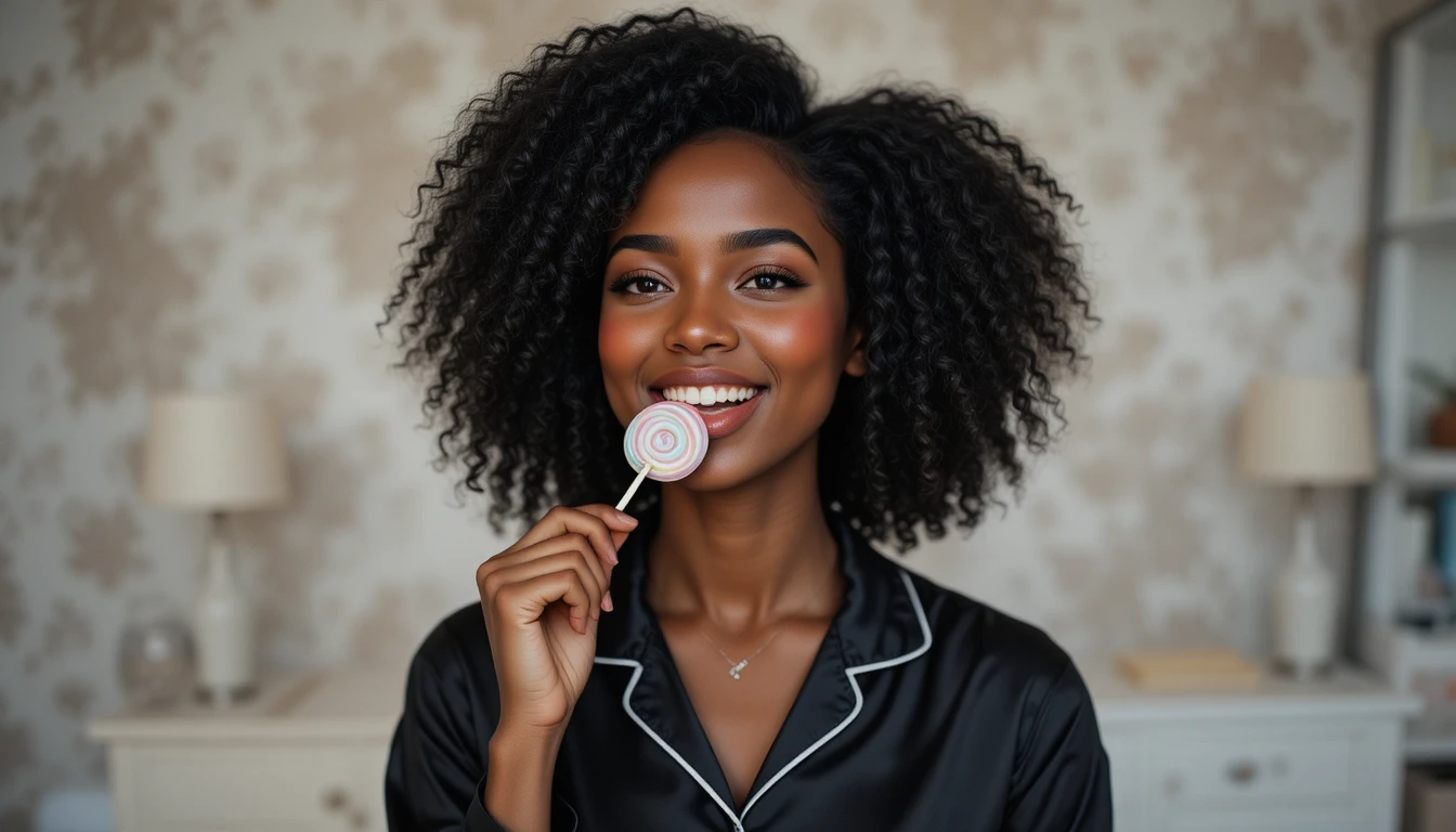 Belle fille africaine en pyjama noir mangeant une sucette