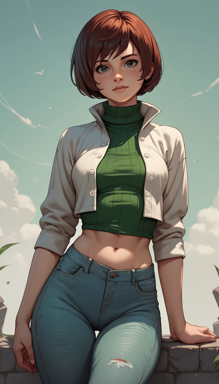 Mulher de anime com camisa branca e jeans – design de personagem