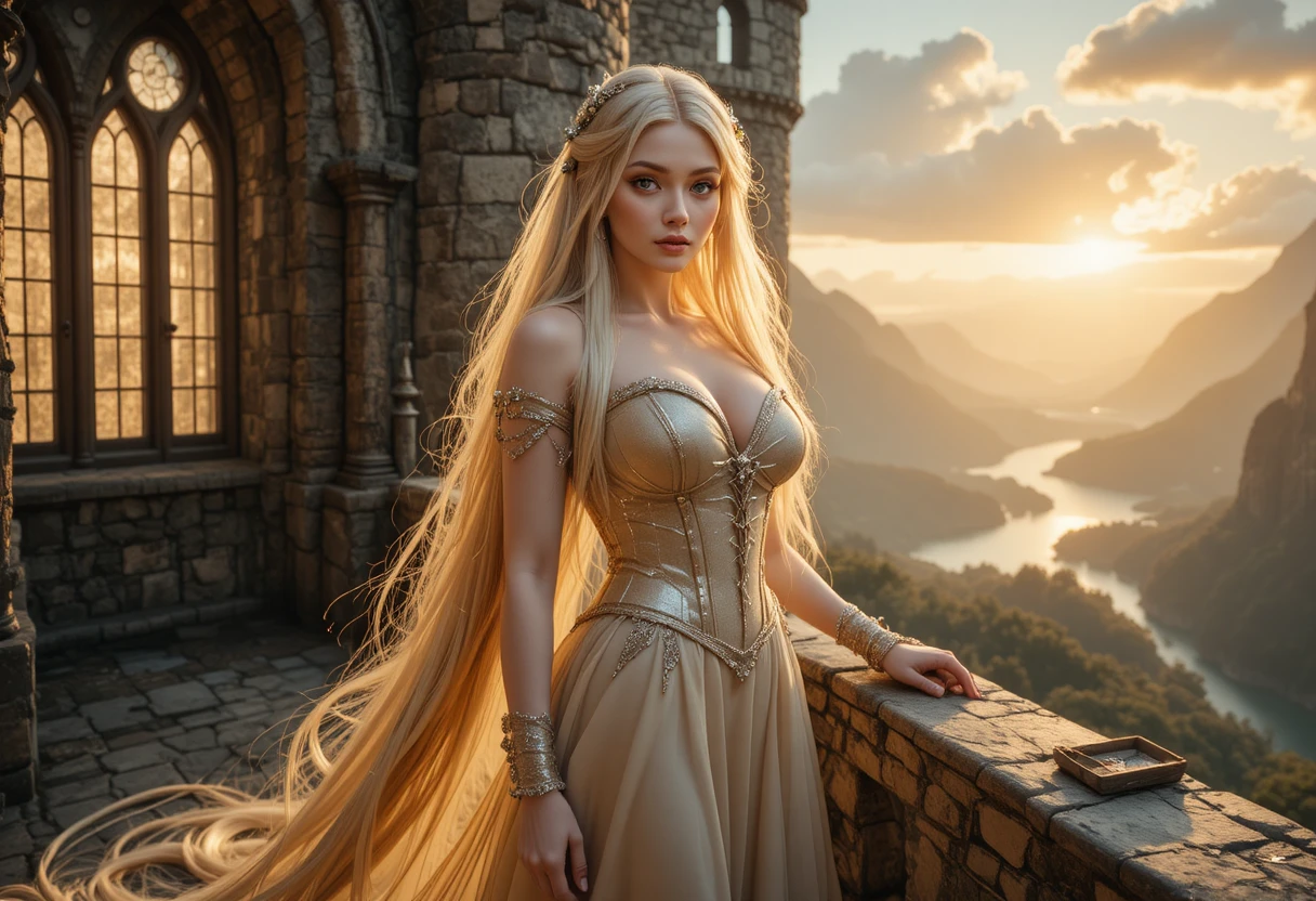 Princesa de cabelos dourados na varanda de um castelo ao pôr do sol