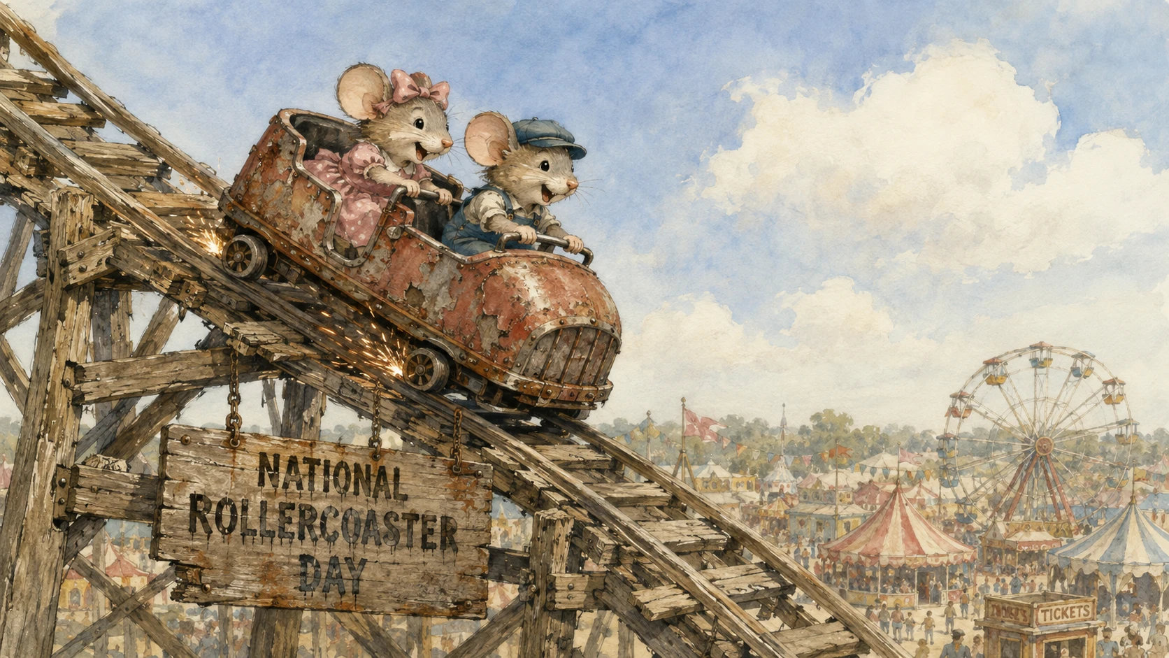 Two dressed mice riding a rickety wooden rollercoaster