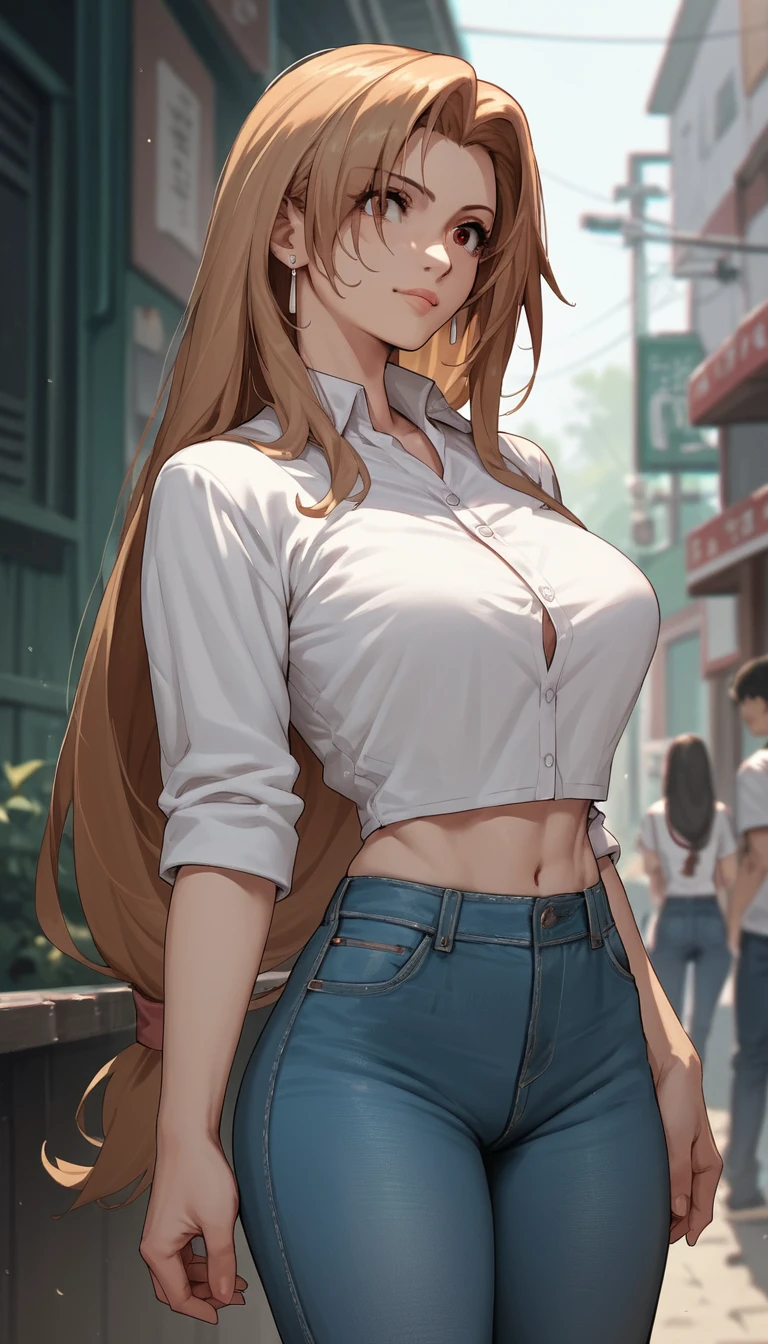 Mulher de anime com cabelo castanho-claro de camisa e jeans