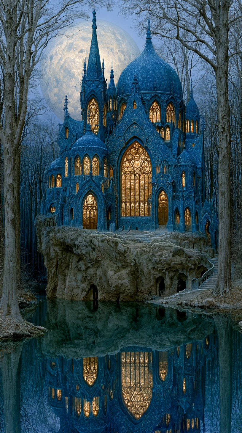 Castelo encantado refletido sobre um sereno lago na floresta