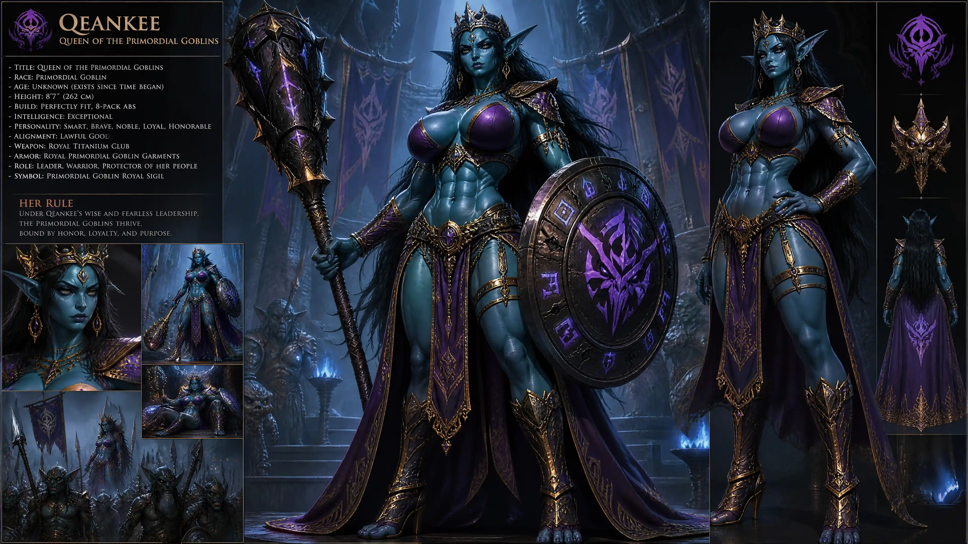 Tall blue goblin queen warrior with royal armor