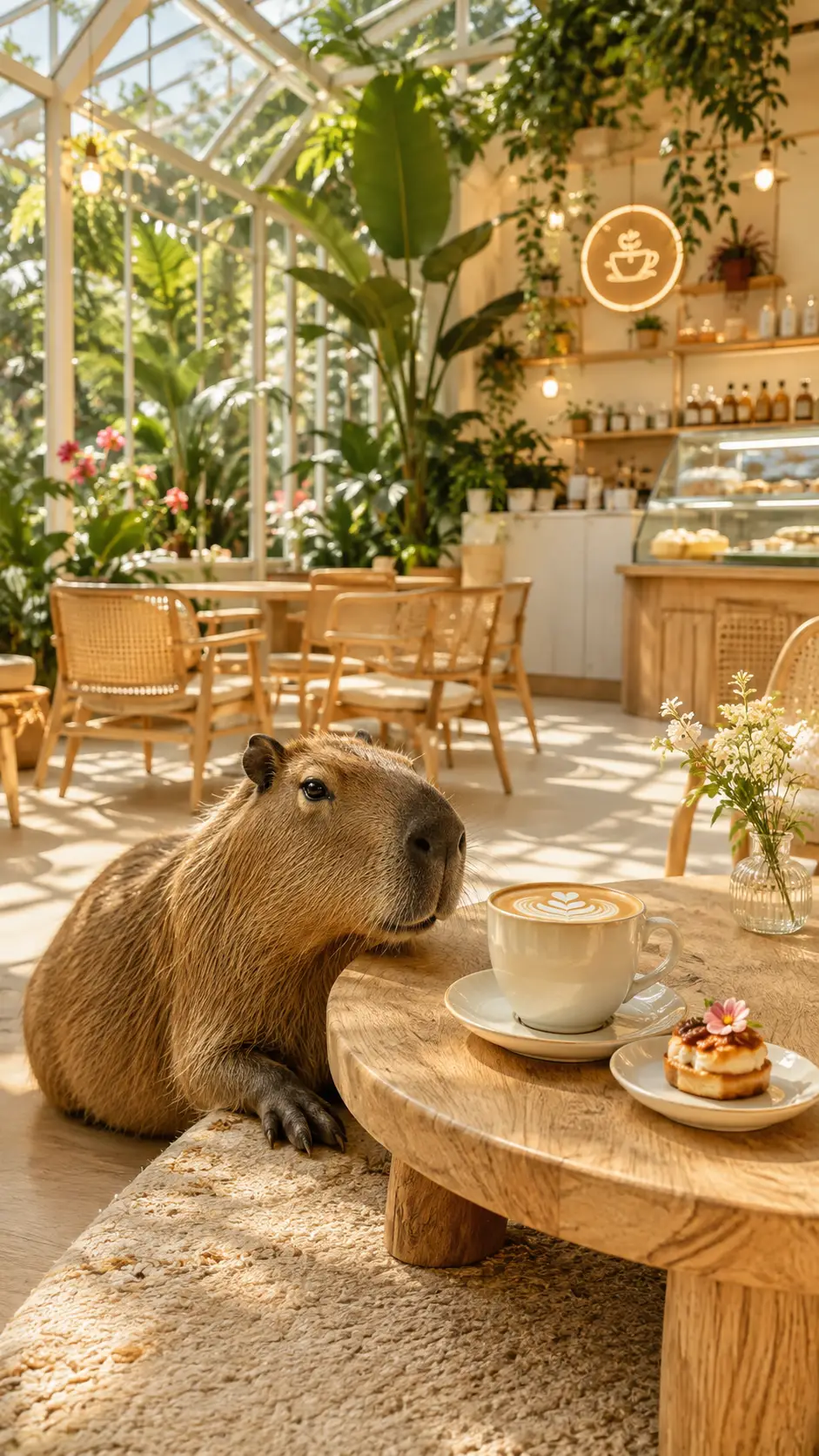Café-serre chaleureux avec capybara et table de latte