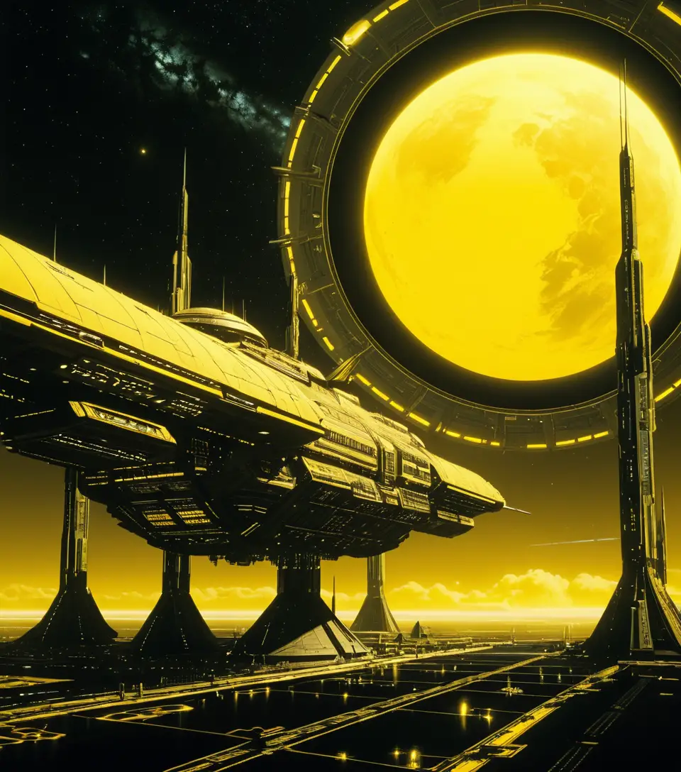 Station spatiale futuriste en orbite autour d’une planète océan jaune