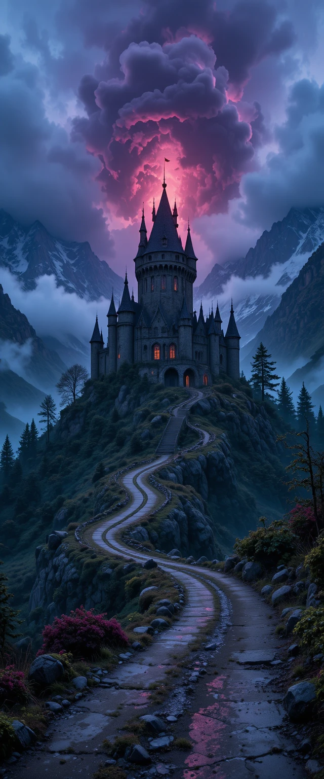 Castelo assombrado na montanha ao amanhecer em paisagem de inverno