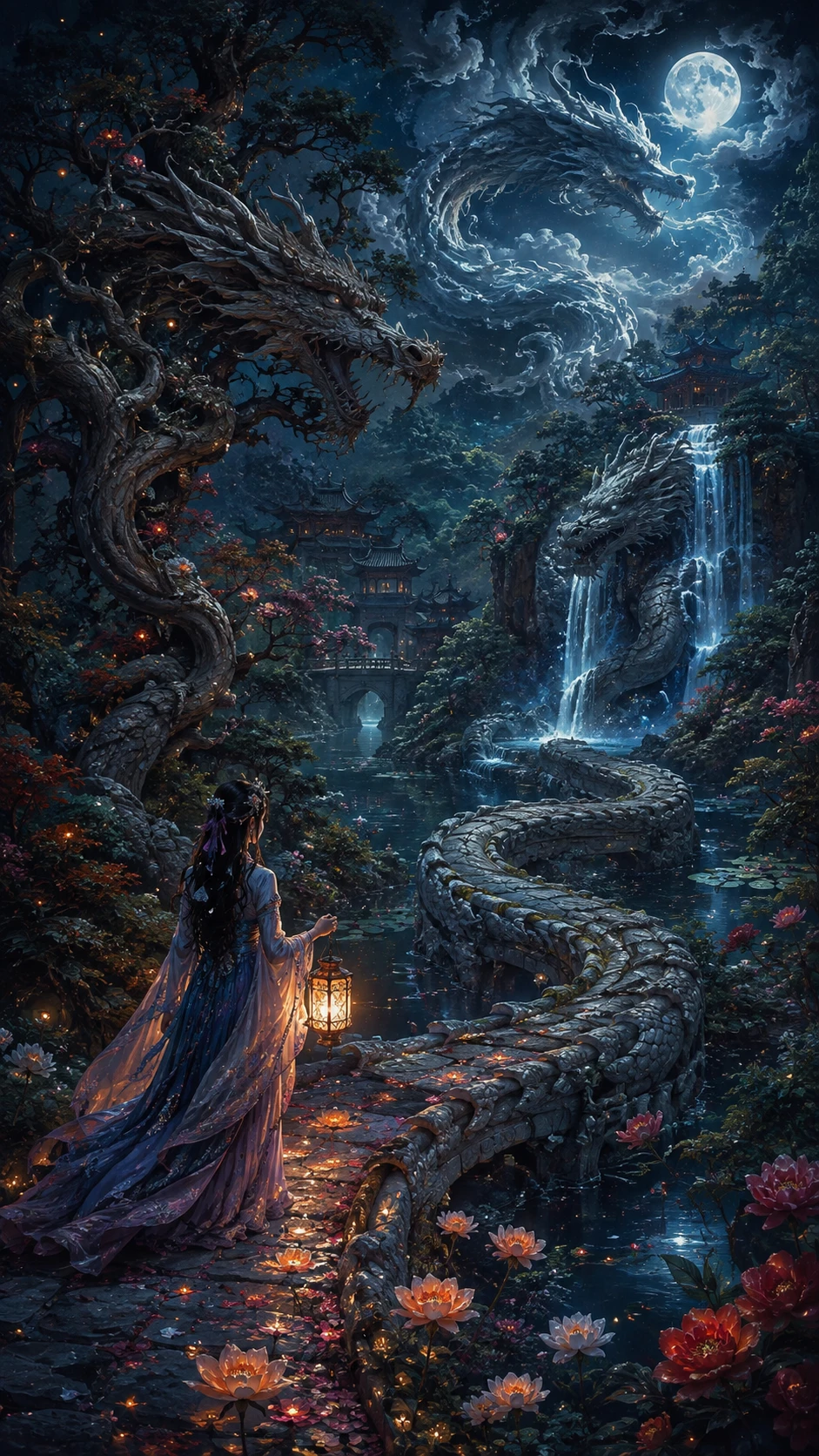 Woman with lantern wandering through a forgotten imperial garden