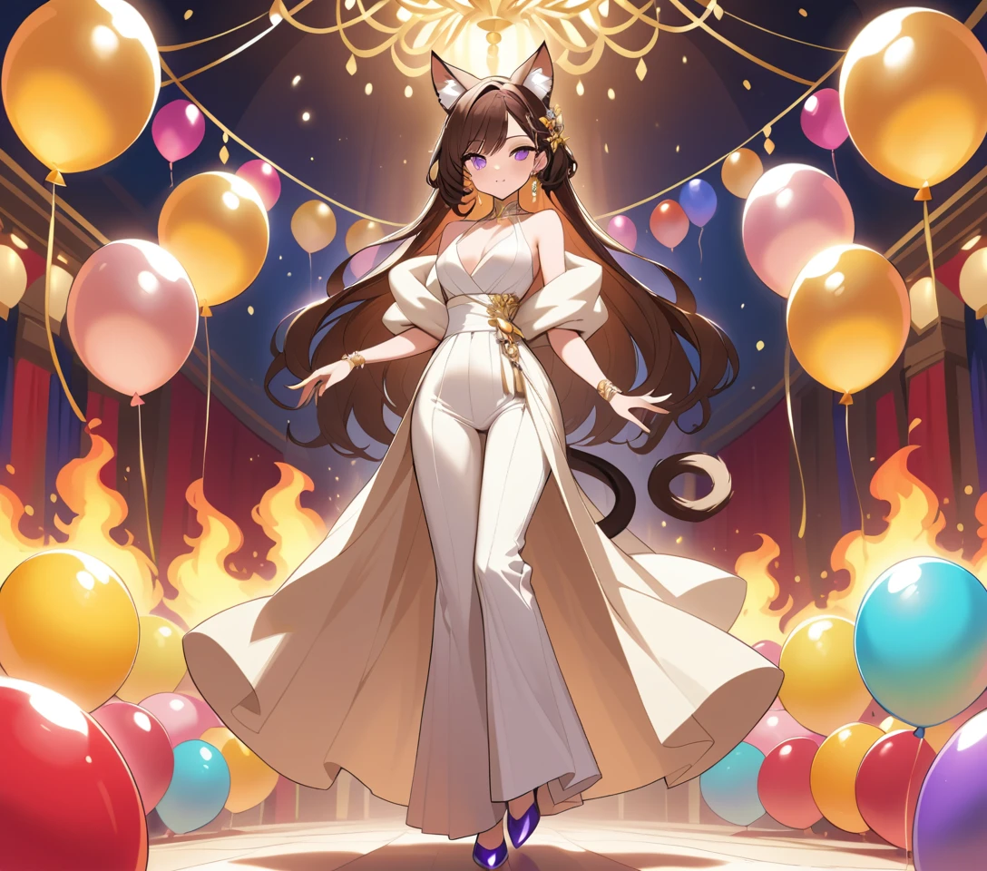 Elegant cat eared woman in cream outfit at festive hall